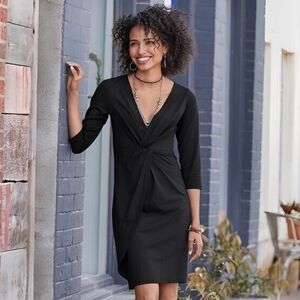 SUNDANCE LBD Black Faux Wrap Dress V-Neck Knee Length Fitted 3/4 Sleeves Large